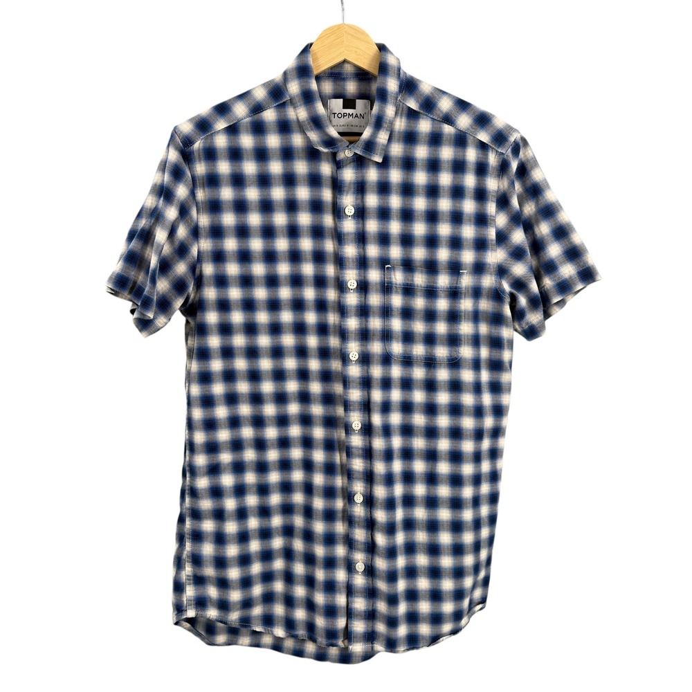 Topman Blue‎ Plaid Short Sleeve Button Front Shirt Mens Size Small Casual Woven